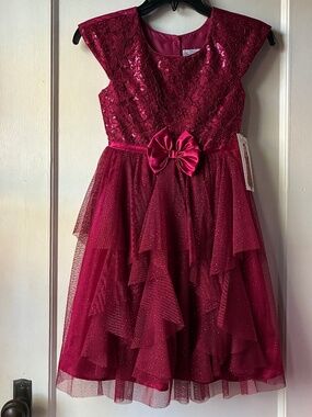 NEW Jona Michelle girls' red lace over sequin and tulle special occasion dress